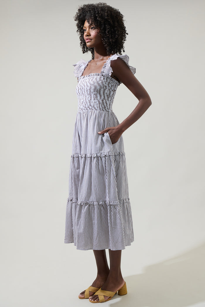 Katie Striped Smocked Bodice Midi Dress