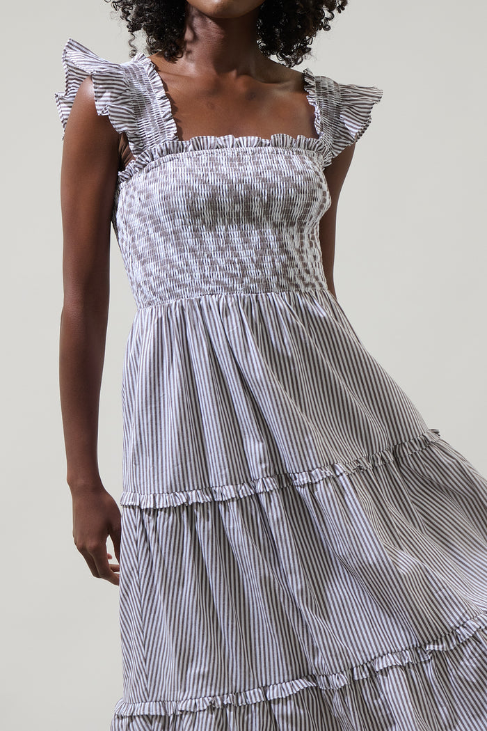Katie Striped Smocked Bodice Midi Dress