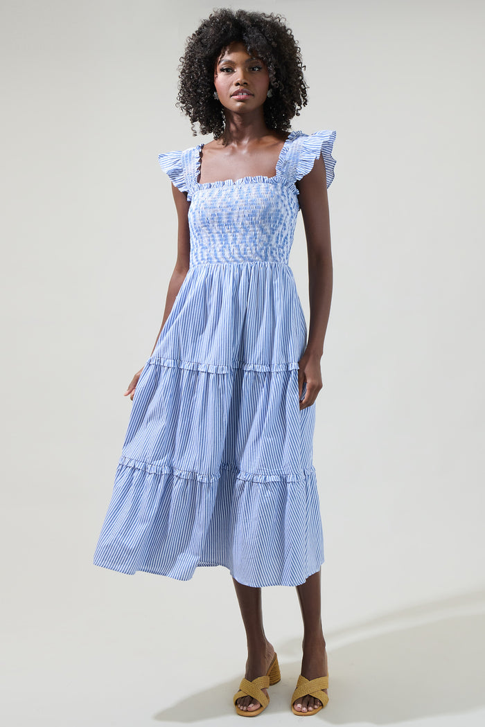 Katie Striped Smocked Bodice Midi Dress