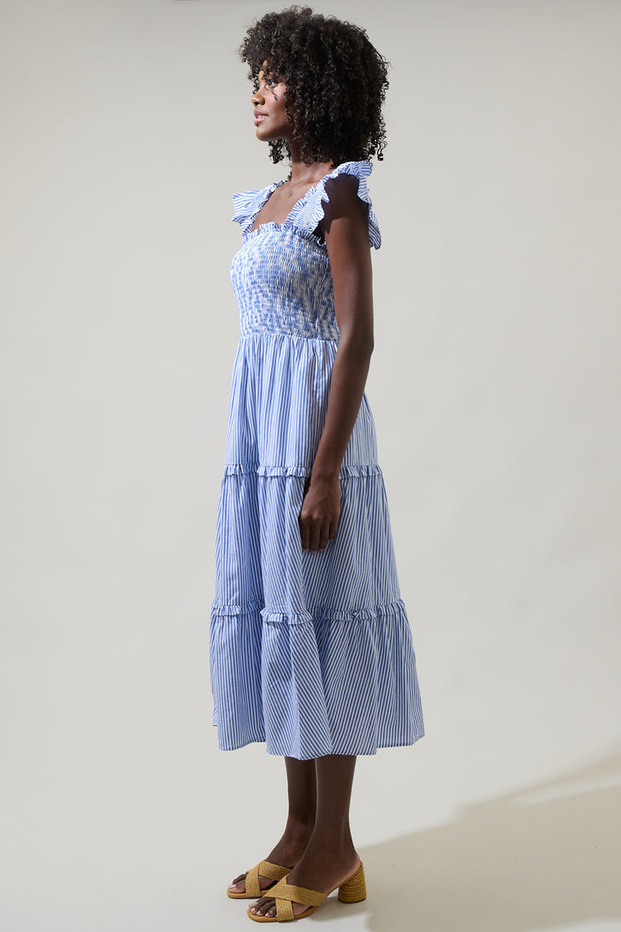 Katie Striped Smocked Bodice Midi Dress
