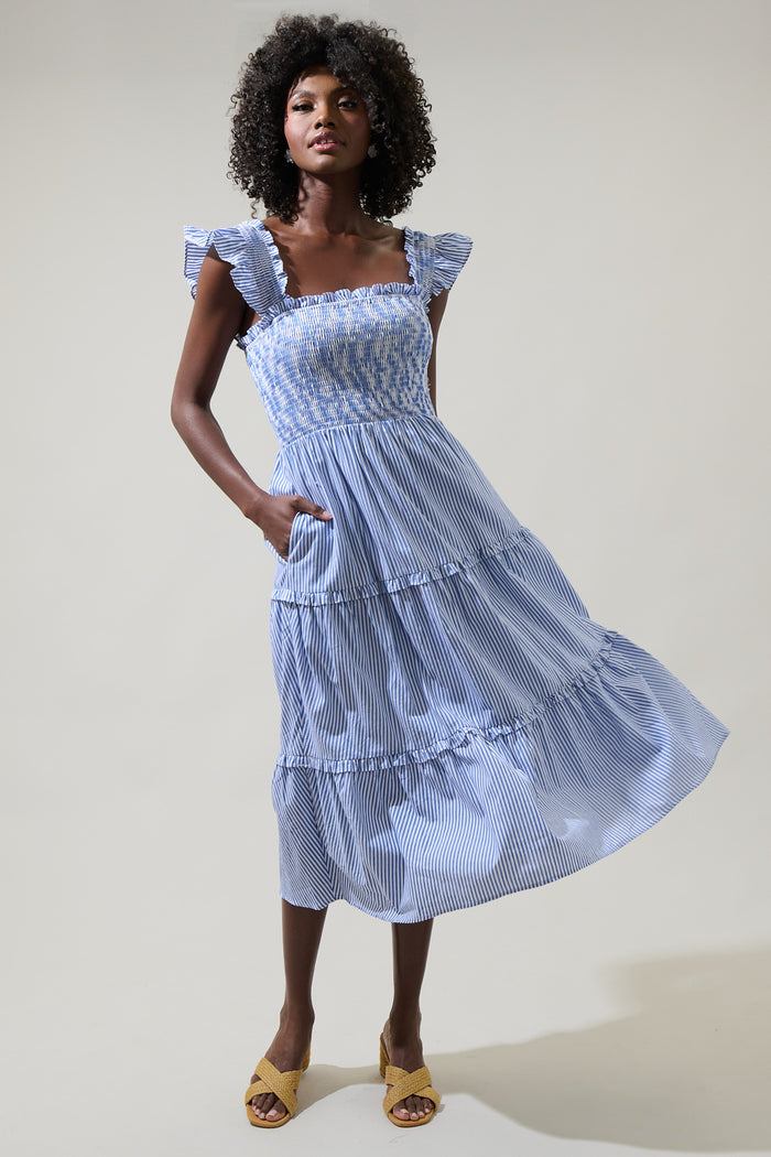 Katie Striped Smocked Bodice Midi Dress