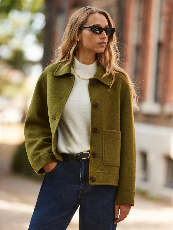 Khaki Double-Faced Boxy Jacket with Wool