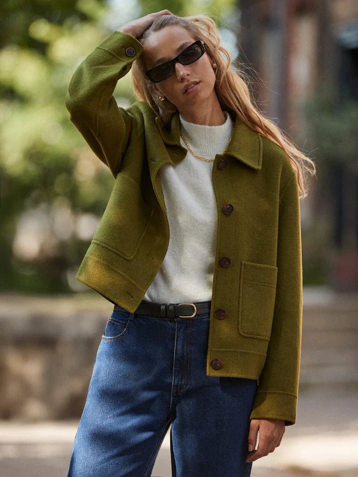 Khaki Double-Faced Boxy Jacket with Wool
