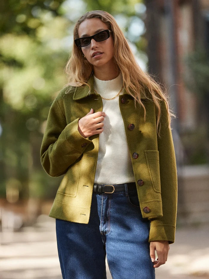 Khaki Double-Faced Boxy Jacket with Wool
