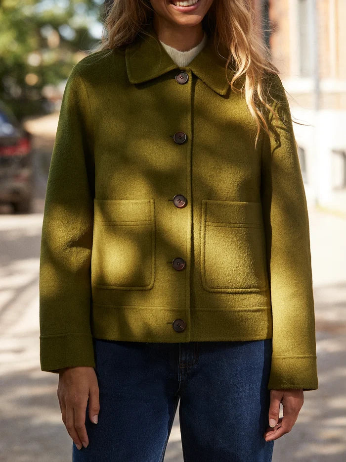 Khaki Double-Faced Boxy Jacket with Wool