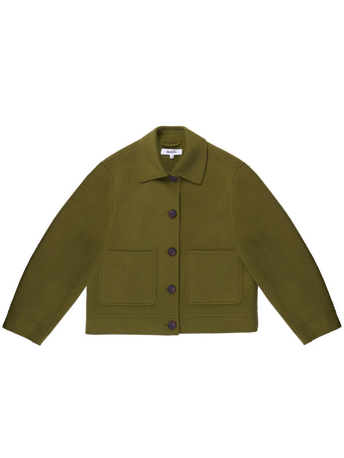 Khaki Double-Faced Boxy Jacket with Wool