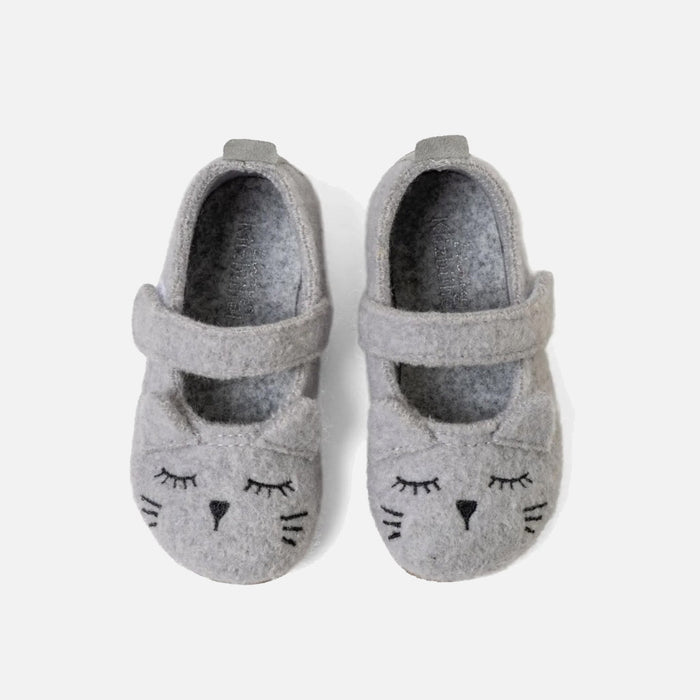 Kids Boiled Wool Ballerina Slipper Shoe - Light Grey Kitten