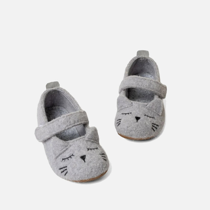Kids Boiled Wool Ballerina Slipper Shoe - Light Grey Kitten