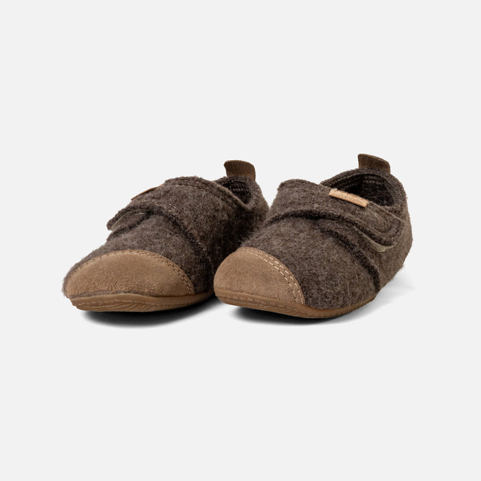 Kids Boiled Wool Toe Cap Slipper Shoe - Light Brown Melange