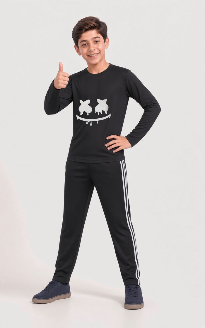 Kids Boys Premium Black Printed Full Sleeve Shirt & Black Striped Trouser Set