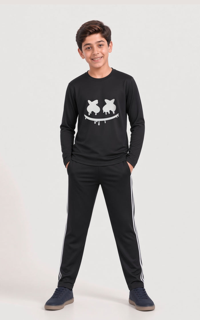 Kids Boys Premium Black Printed Full Sleeve Shirt & Black Striped Trouser Set