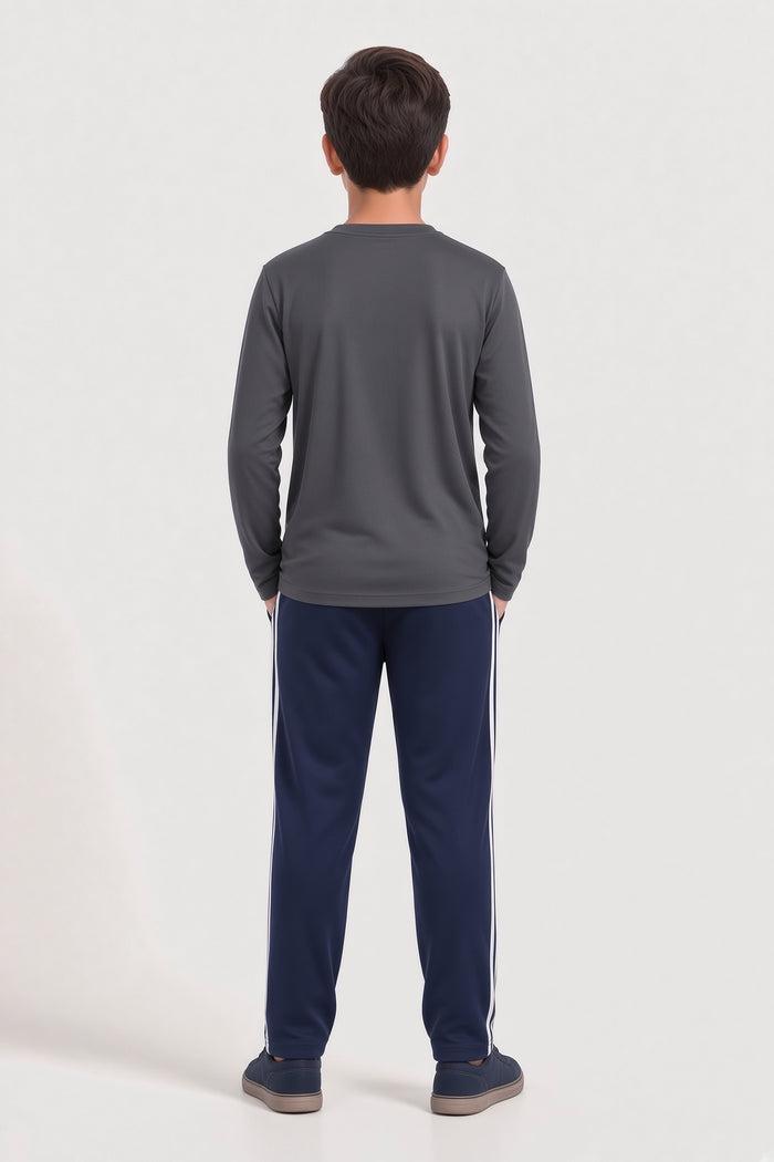 Kids Boys Premium Dark Grey Printed  Full Sleeve Shirt & Navy Striped Trouser Set