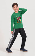 Kids Boys Premium Green Printed Full Sleeve Shirt & Black Striped Trouser Set