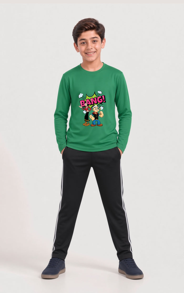 Kids Boys Premium Green Printed Full Sleeve Shirt & Black Striped Trouser Set