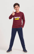 Kids Boys Premium Maroon Printed Full Sleeve Shirt & Navy Blue Striped Trouser Set