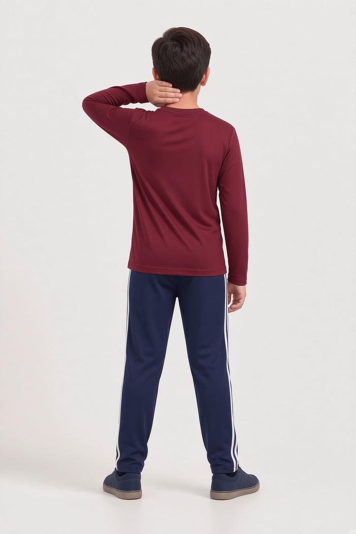 Kids Boys Premium Maroon Printed Full Sleeve Shirt & Navy Blue Striped Trouser Set
