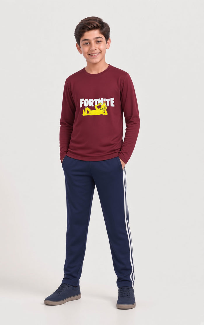 Kids Boys Premium Maroon Printed Full Sleeve Shirt & Navy Blue Striped Trouser Set