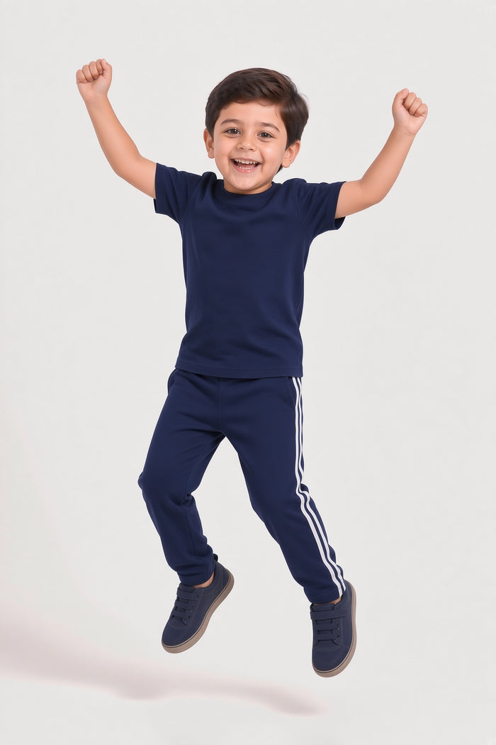 Kids Boys Premium Navy Blue & White Striped Single Jersey Cotton T-Shirt & Trouser Set