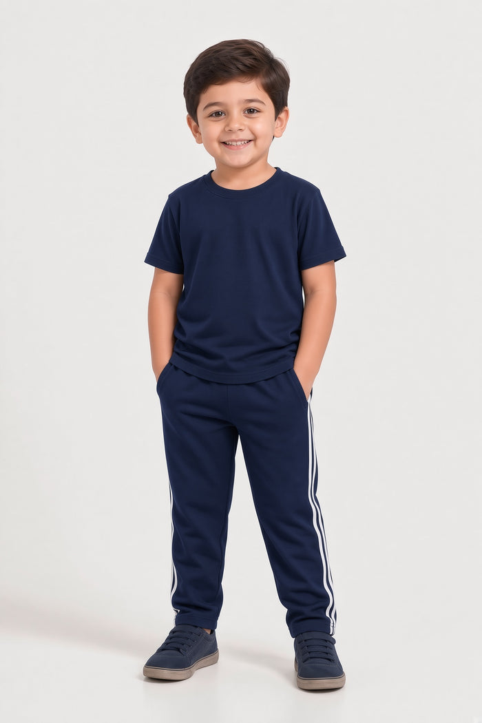 Kids Boys Premium Navy Blue & White Striped Single Jersey Cotton T-Shirt & Trouser Set