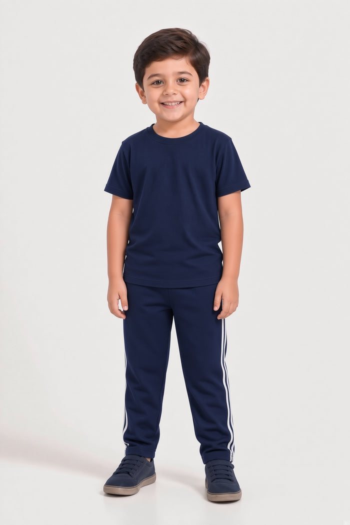 Kids Boys Premium Navy Blue & White Striped Single Jersey Cotton T-Shirt & Trouser Set