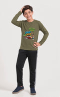 Kids Boys Premium Olive Green Printed Full Sleeve Shirt & Black Striped Trouser Set