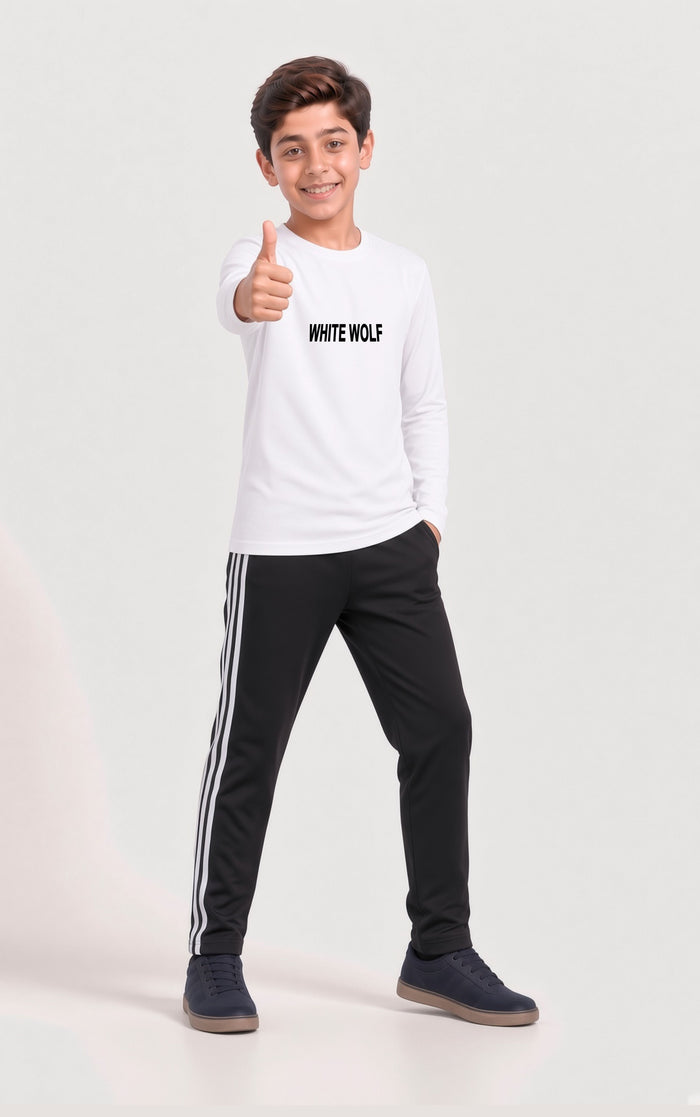 Kids Boys Premium White Printed Full Sleeve Shirt & Black Striped Trouser Set