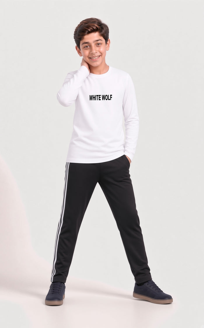 Kids Boys Premium White Printed Full Sleeve Shirt & Black Striped Trouser Set