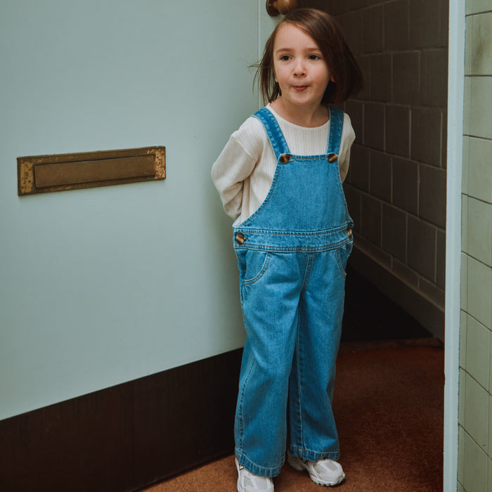 Kids Cotton Denim Quetsch Dungarees - Light Blue
