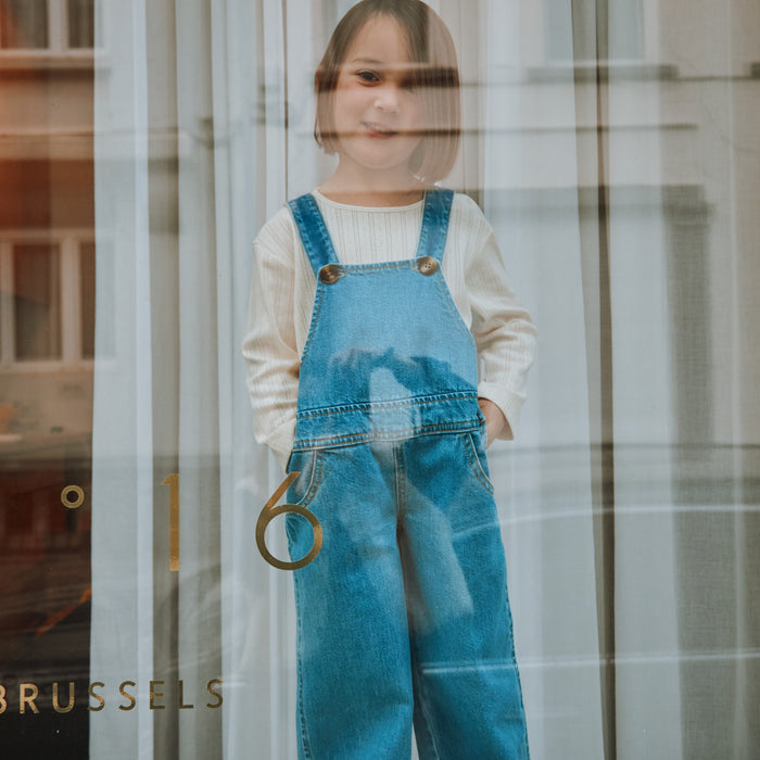 Kids Cotton Denim Quetsch Dungarees - Light Blue