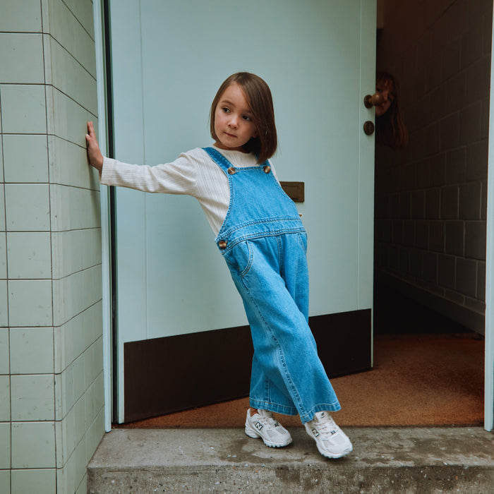Kids Cotton Denim Quetsch Dungarees - Light Blue
