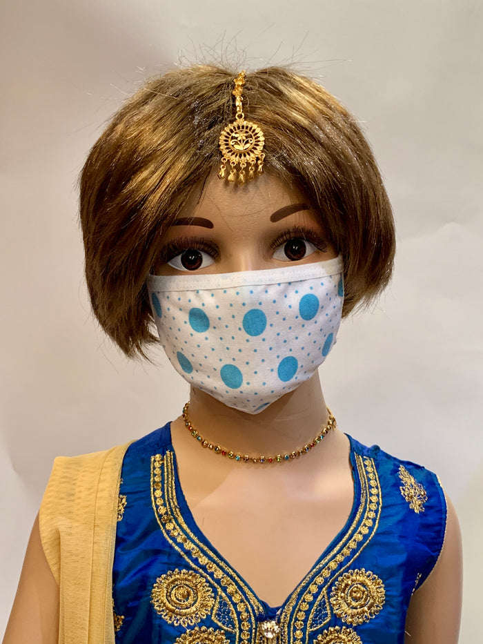 Kid's Cotton Unisex On White Blue Polka Dots Printed Cloth Face Masks