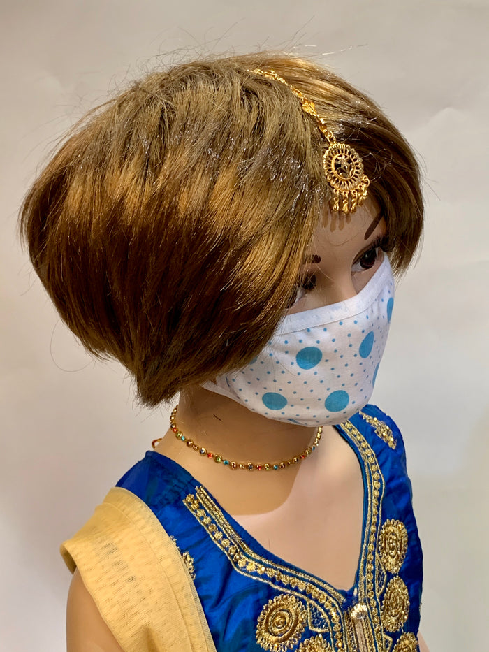 Kid's Cotton Unisex On White Blue Polka Dots Printed Cloth Face Masks