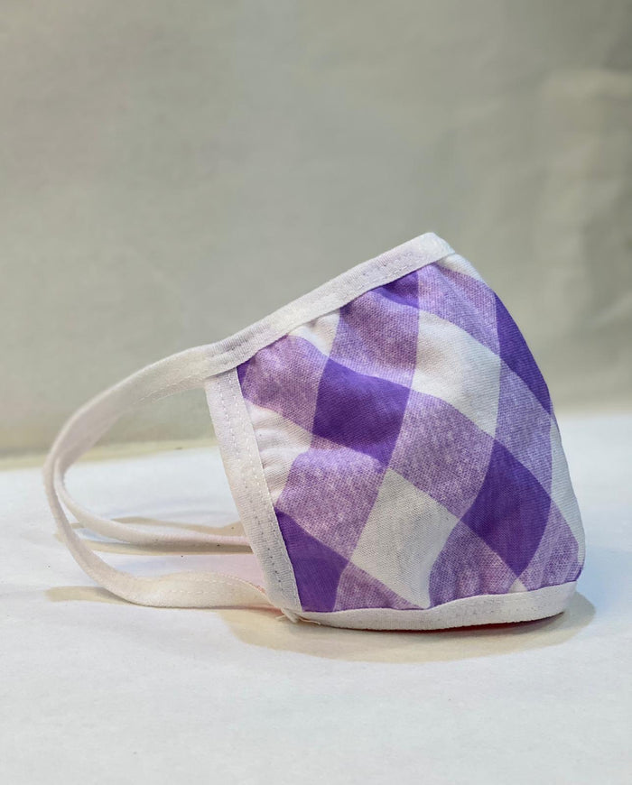 Kid's Cotton Unisex Purple Checkers Printed Cloth Face Masks