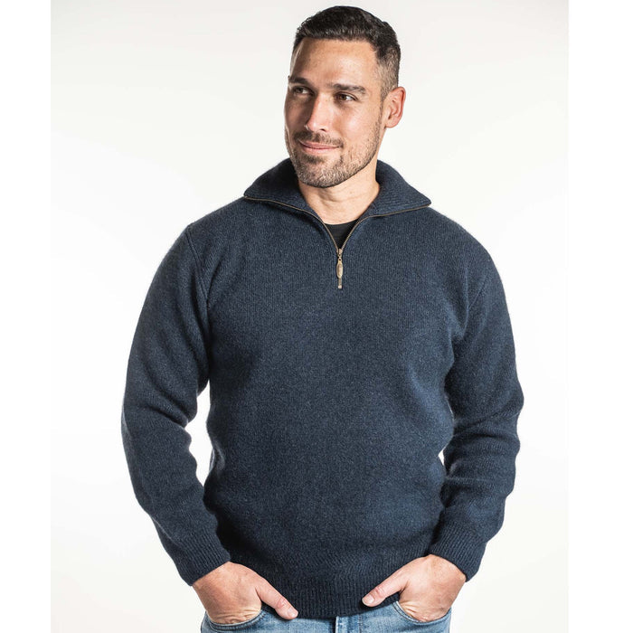 Men’s indigo zip collar jumper in blended Merino and Possum Fur