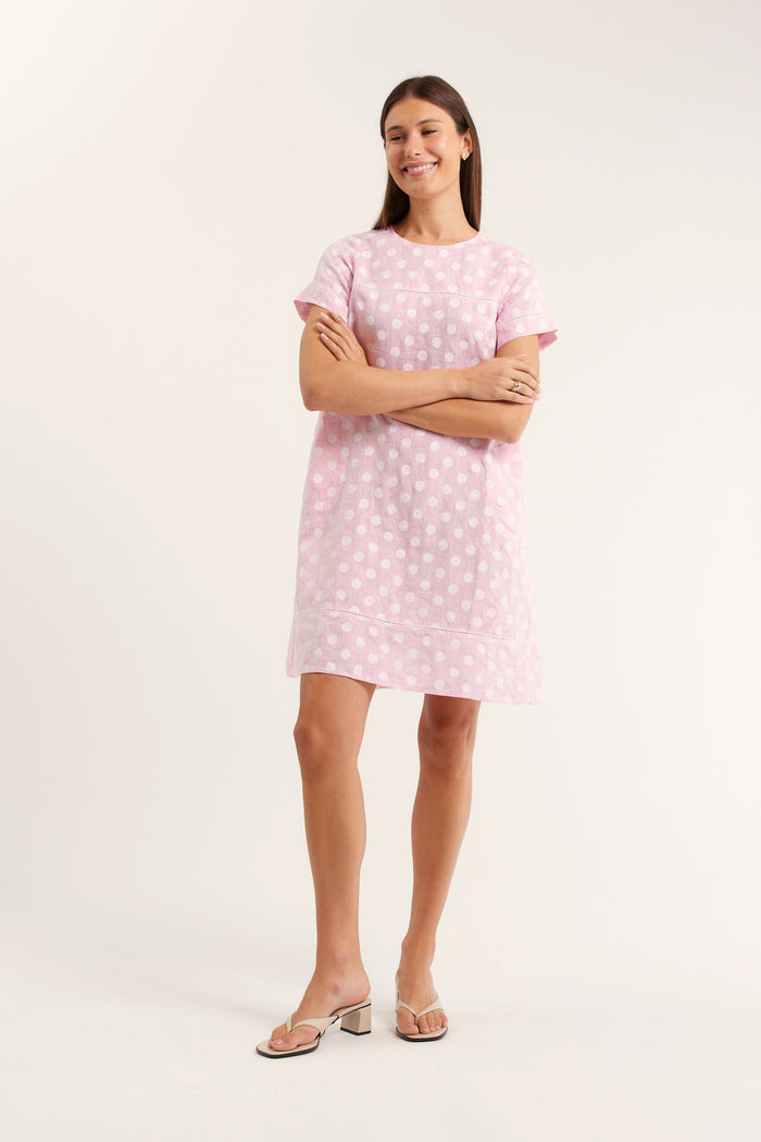 Laine Polkadot Linen Dress In Pink