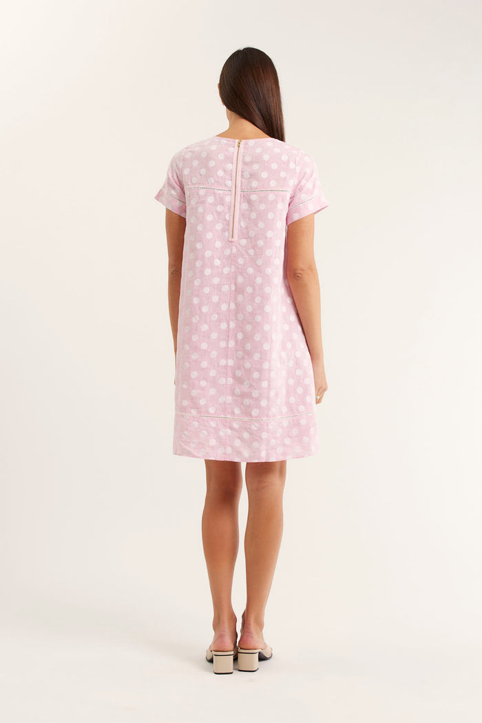Laine Polkadot Linen Dress In Pink