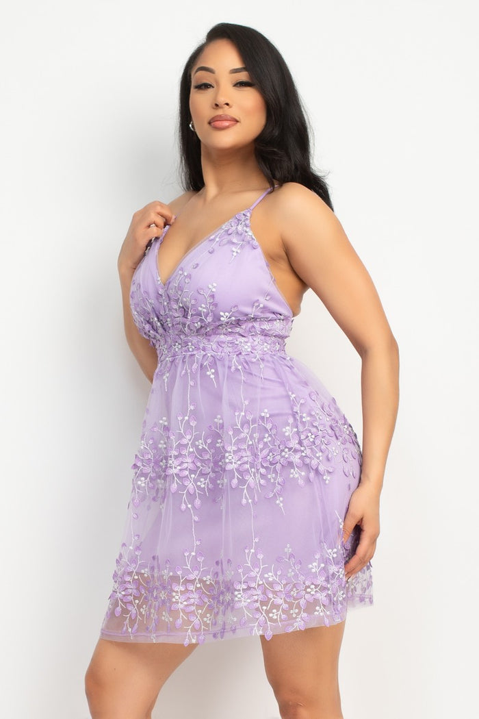 Lavender Floral Lace Cross Back Dress