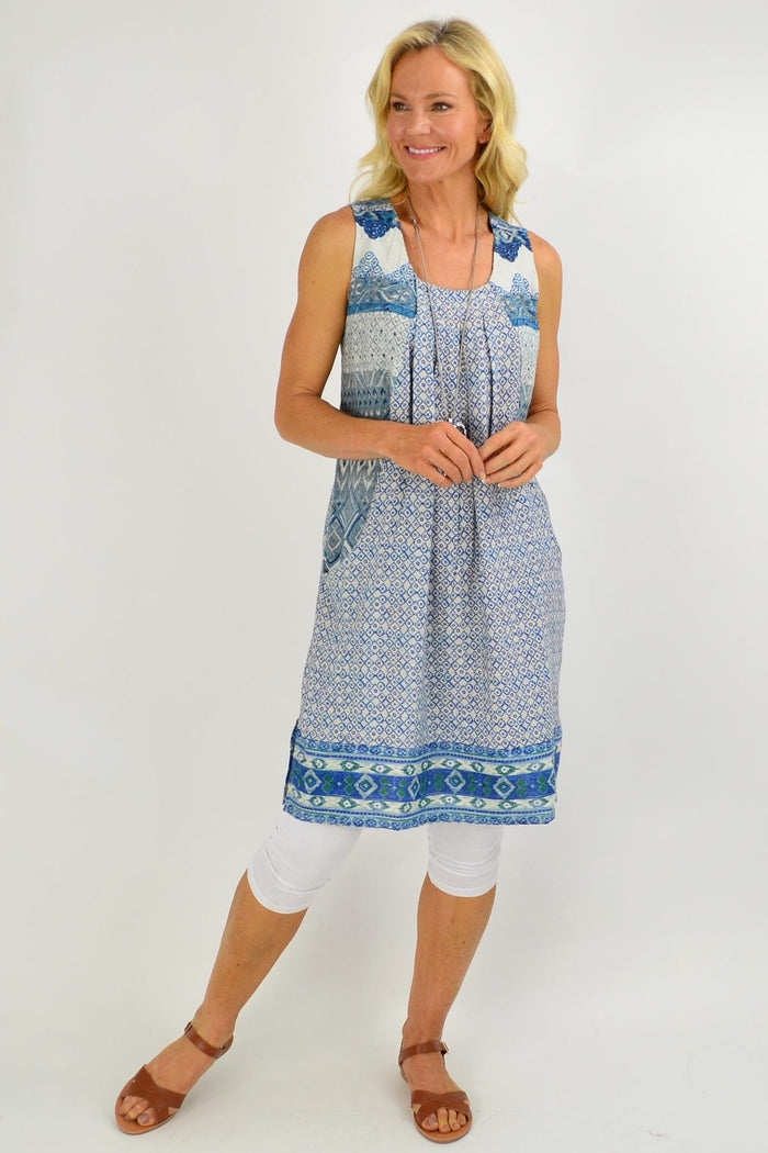 Blue Leon Pleat Pocket Tunic Dress by Orientique featuring a relaxed fit, pleats, and practical pockets, perfect for casual wear.