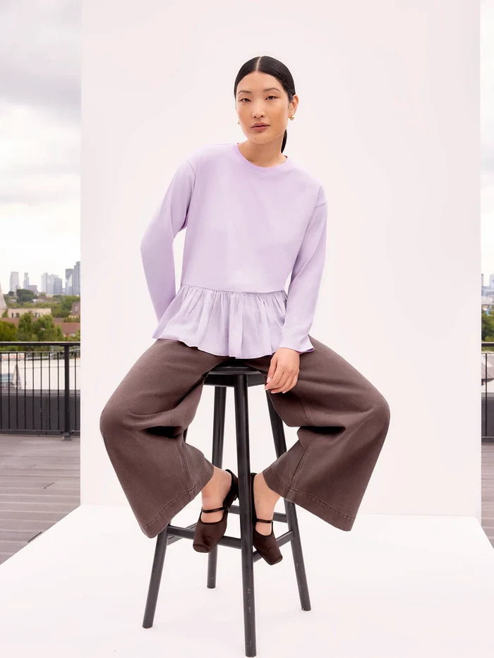 Lilac Peplum-Hem Long-Sleeved Organic Cotton T-Shirt