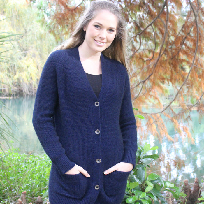 Woman wearing Midnight colour cardigan