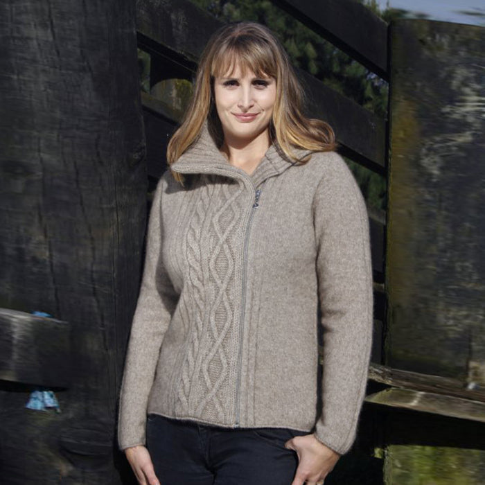 Woman with long hair wearing jacket in Natural colour