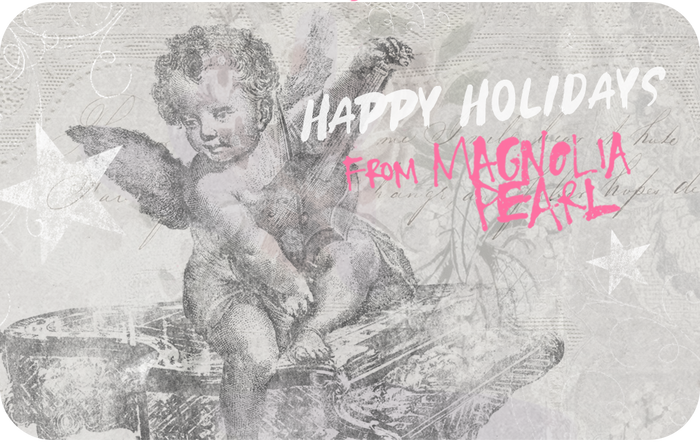 Whimsical vintage-inspired angel holiday card with Magnolia Pearl artisan clothing branding
