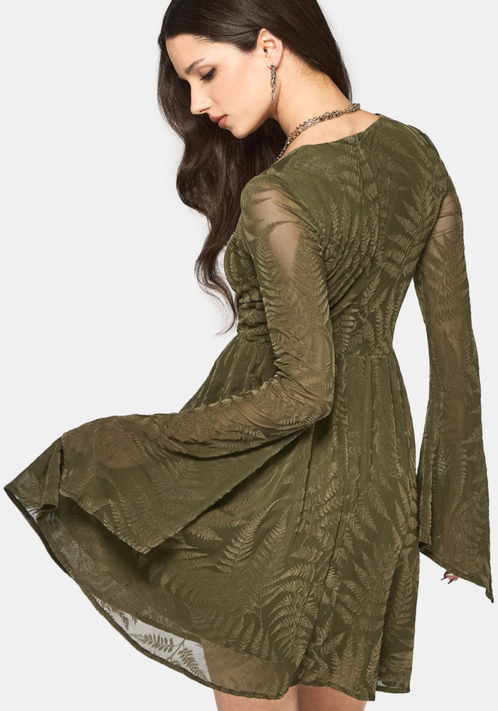 Lunafern Flocked Fern Flute Sleeve Mini Dress - Green
