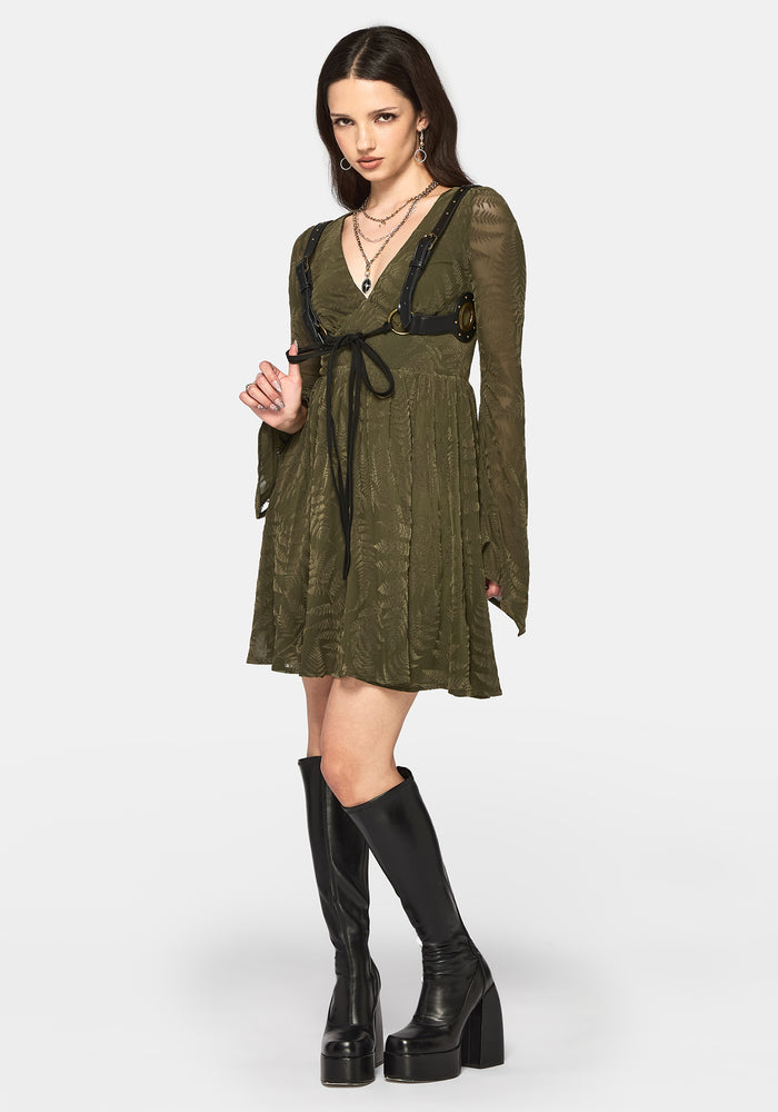 Lunafern Flocked Fern Flute Sleeve Mini Dress - Green