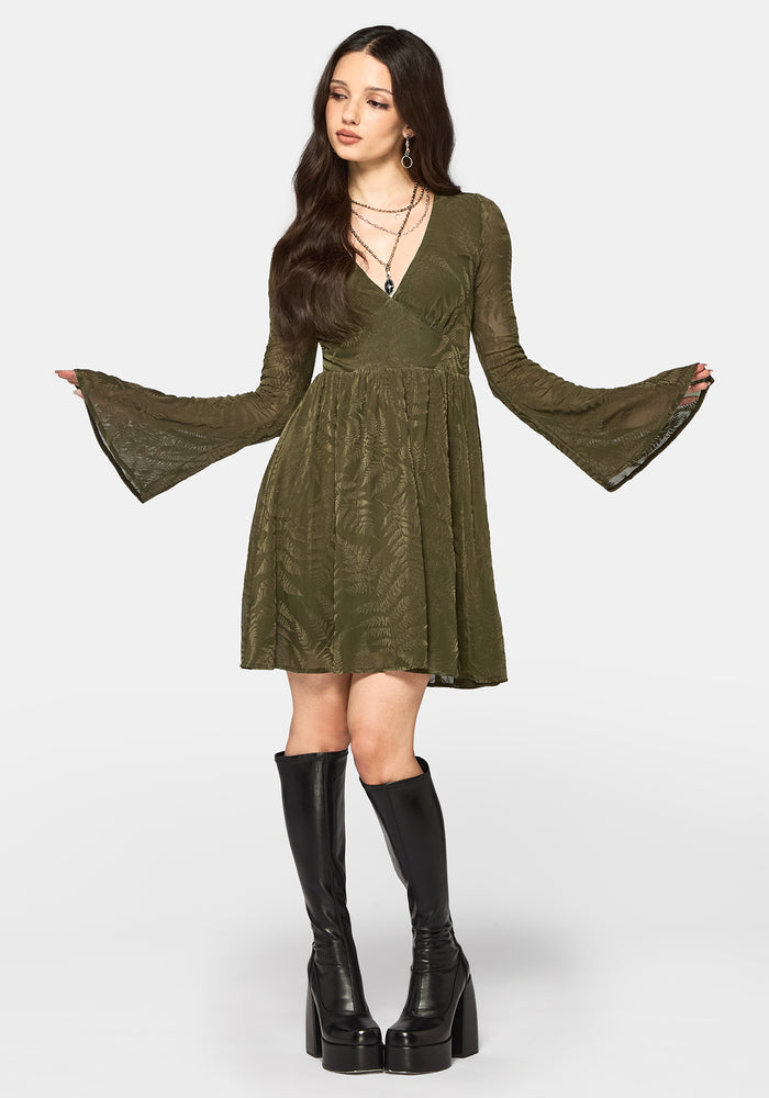 Lunafern Flocked Fern Flute Sleeve Mini Dress - Green