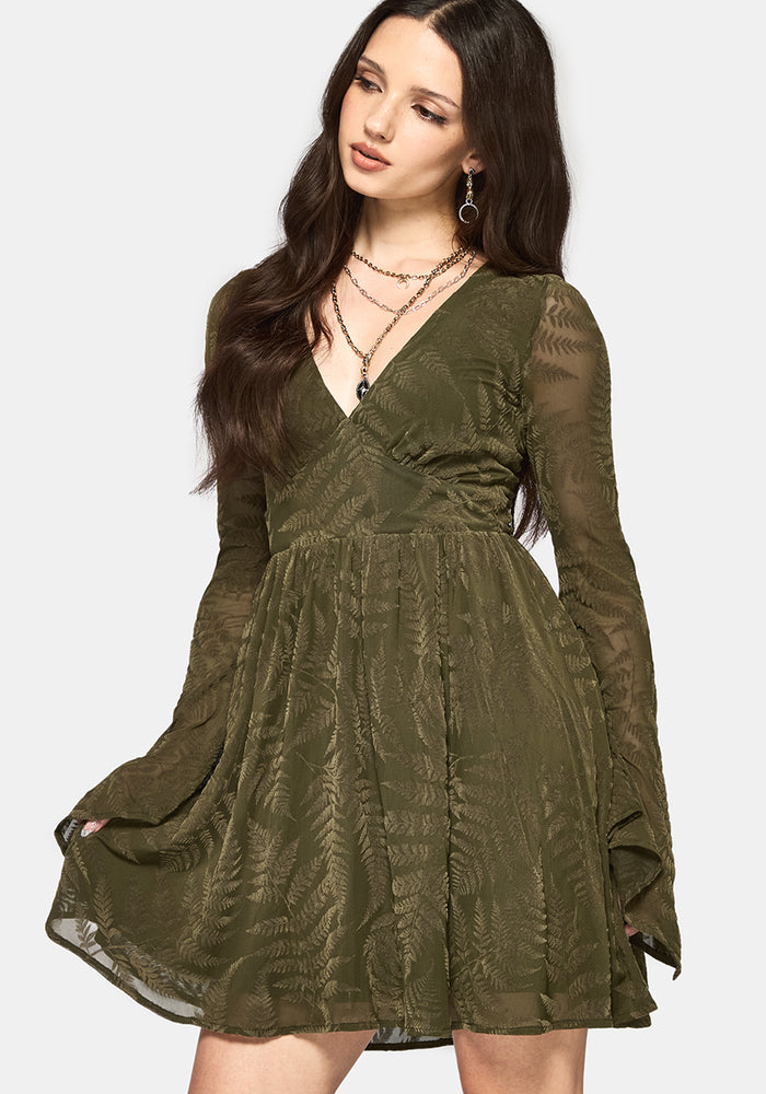 Lunafern Flocked Fern Flute Sleeve Mini Dress - Green
