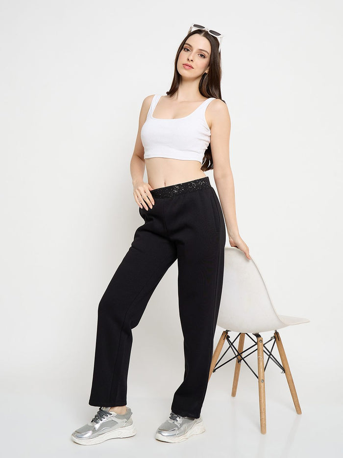 Madame Abstract Print Black Tapered Track Bottoms
