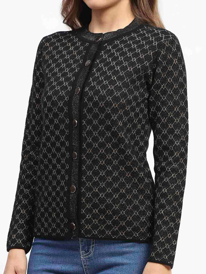 Madame Black Printed Buttoned Cardigan