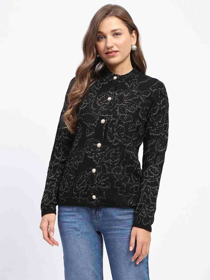 Madame Black Shimmer Printed Buttoned Cardigan