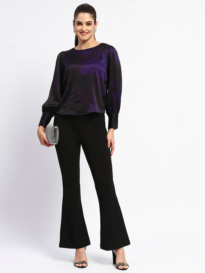 Madame Boat Neck Cuff Sleeve Abstract Print Black Top